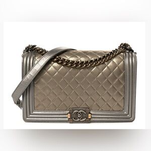 CHANEL Metallic Gray Quilted Shoulder Bag